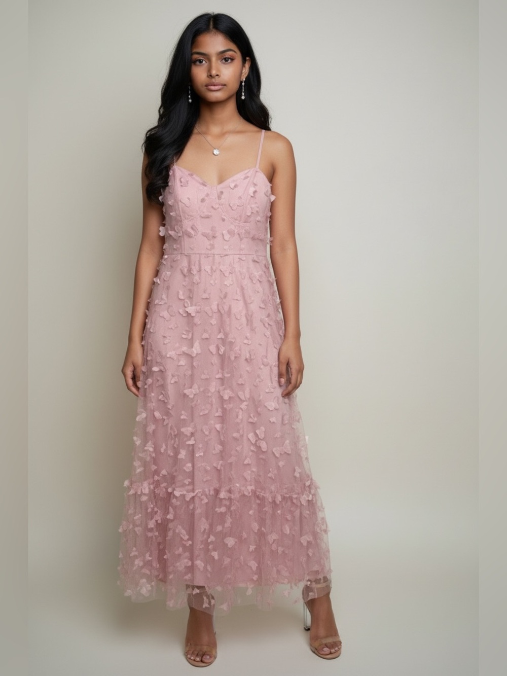 NWOT Elegant Pink Butterfly Spaghetti Strap Floral Appliqué Maxi Dress